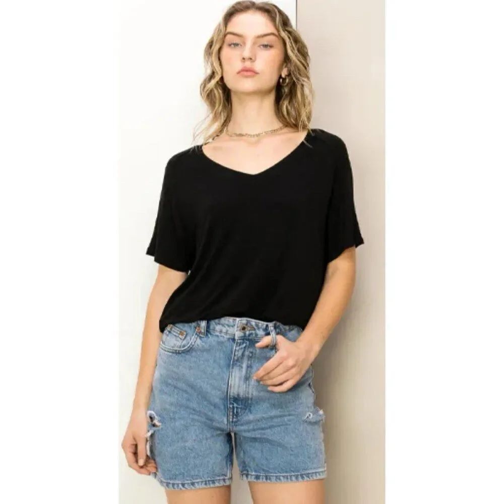 Double Zero Women's Relaxed V Neck T Shirt Rayon Spandex Small